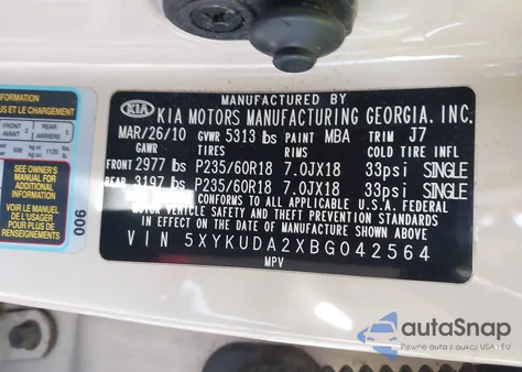 2011 Kia Sorento Ex V6 z USA, uszkodzony, nr VIN 5XYKUDA2XBG042564